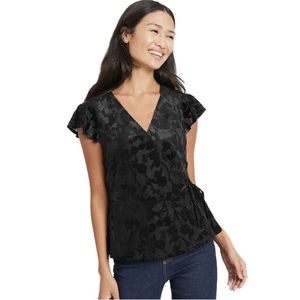 Banana Republic Top  Size Medium Black Blouse Velvet Wrap Short Sleeve